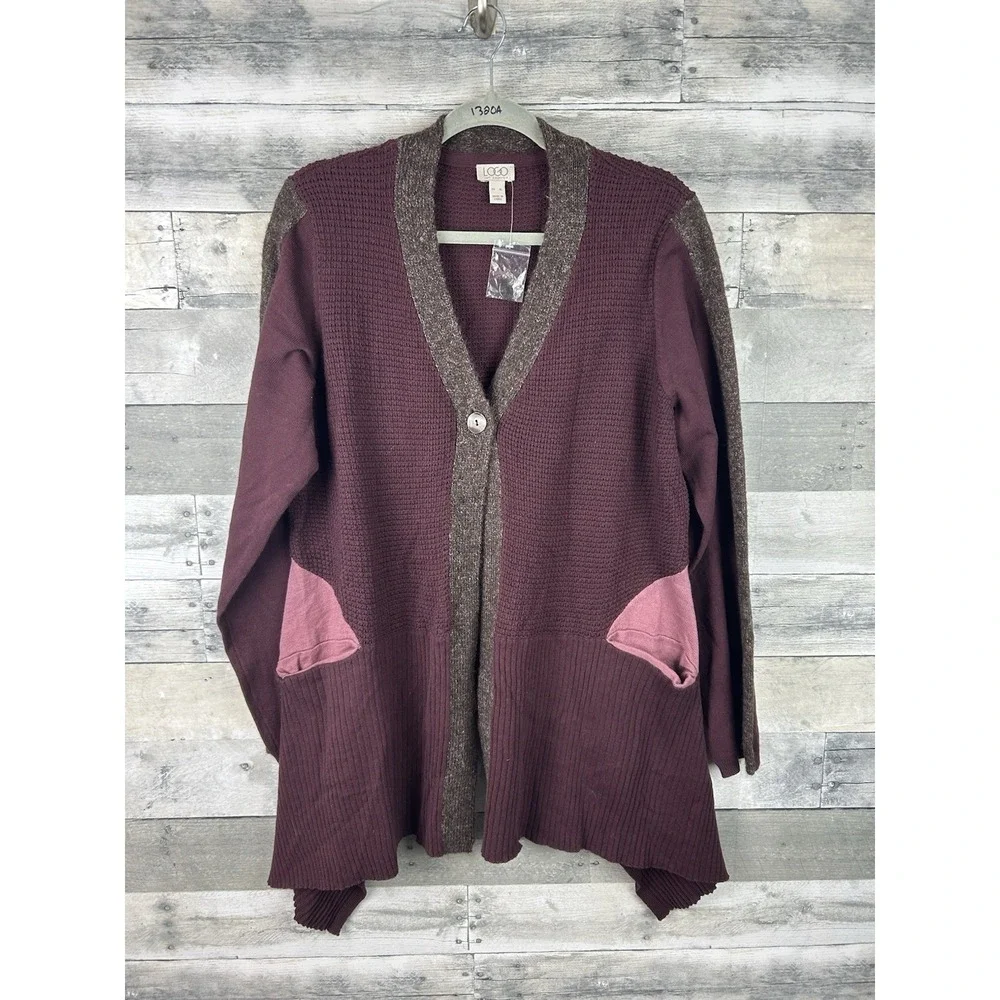 LOGO Lori Goldstein XL One Button Waffle Knit Cardigan